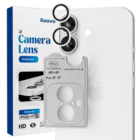 REOVO Camera Protector – Geschikt voor iPhone 17 - 0.05mm Slim Fit – Wit Zilver -Titanium Frame – Anti-Kras & Schokbestendig