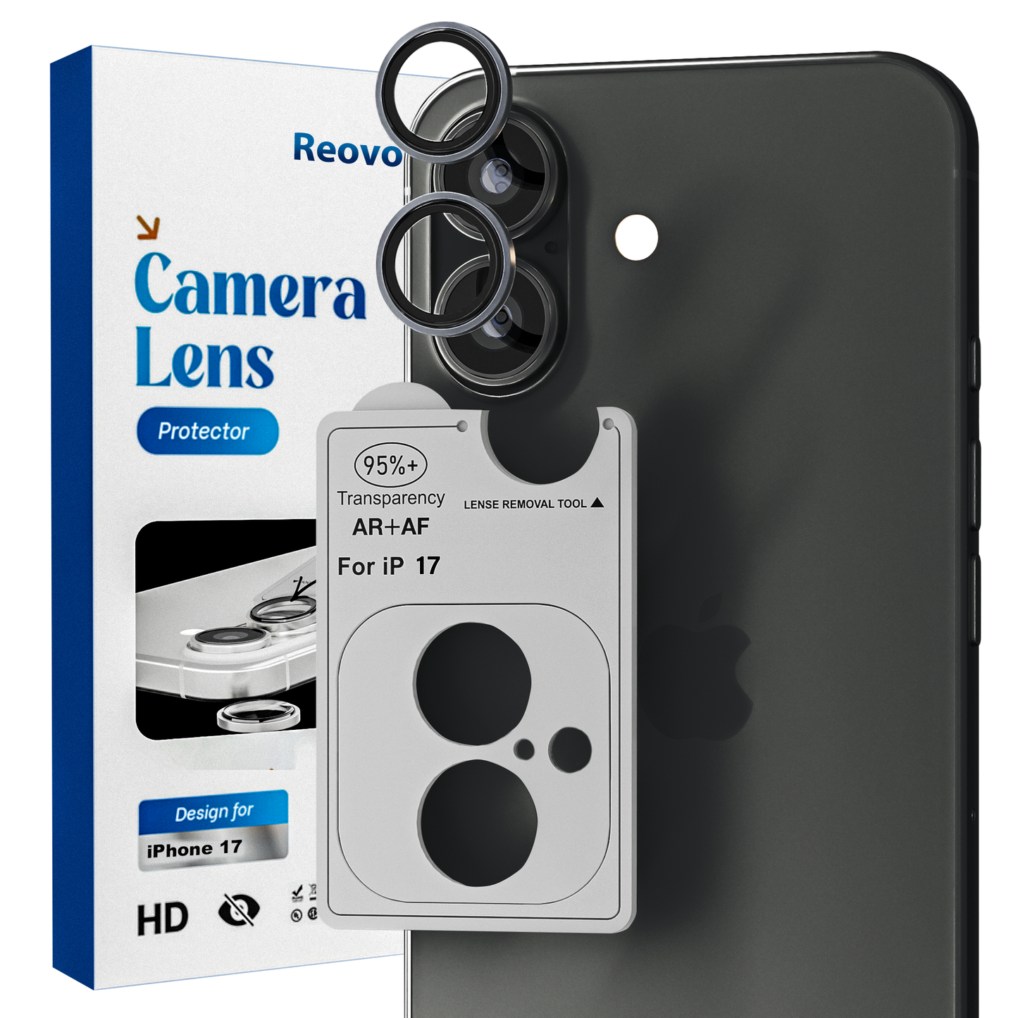 REOVO Camera Protector – Geschikt voor iPhone 17 - 0.05mm Slim Fit – Zwart -Titanium Frame – Anti-Kras & Schokbestendig