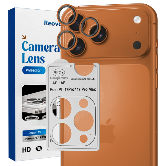 REOVO Camera Protector – Geschikt voor iPhone 17 Pro - 0.05mm Slim Fit – Oranje -Titanium Frame – Anti-Kras & Schokbestendig