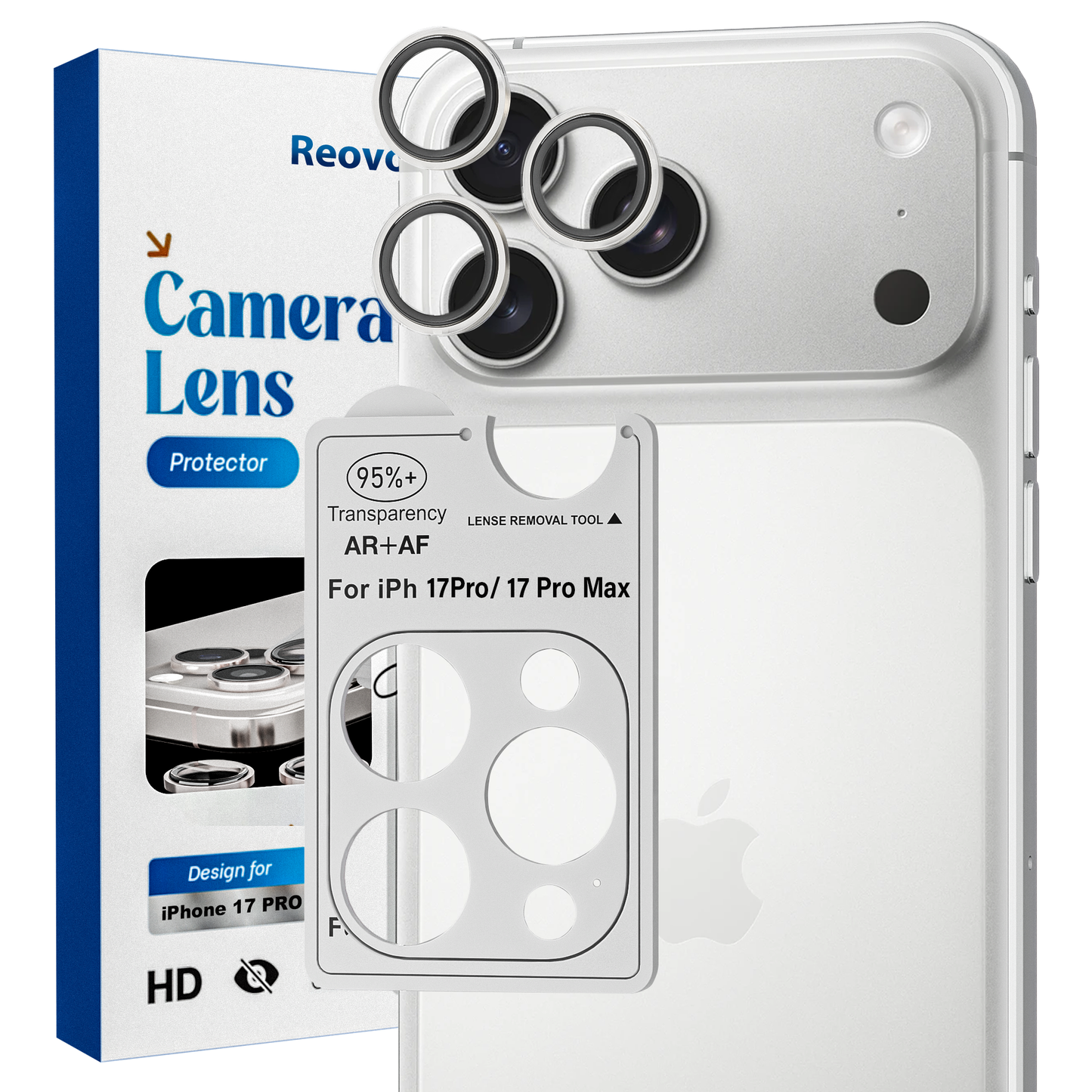 REOVO Camera Protector – Geschikt voor iPhone 17 Pro - 0.05mm Slim Fit – Wit Zilver -Titanium Frame – Anti-Kras & Schokbestendig