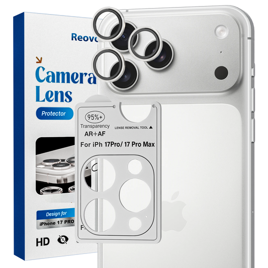 REOVO Camera Protector – Geschikt voor iPhone 17 Pro - 0.05mm Slim Fit – Wit Zilver -Titanium Frame – Anti-Kras & Schokbestendig