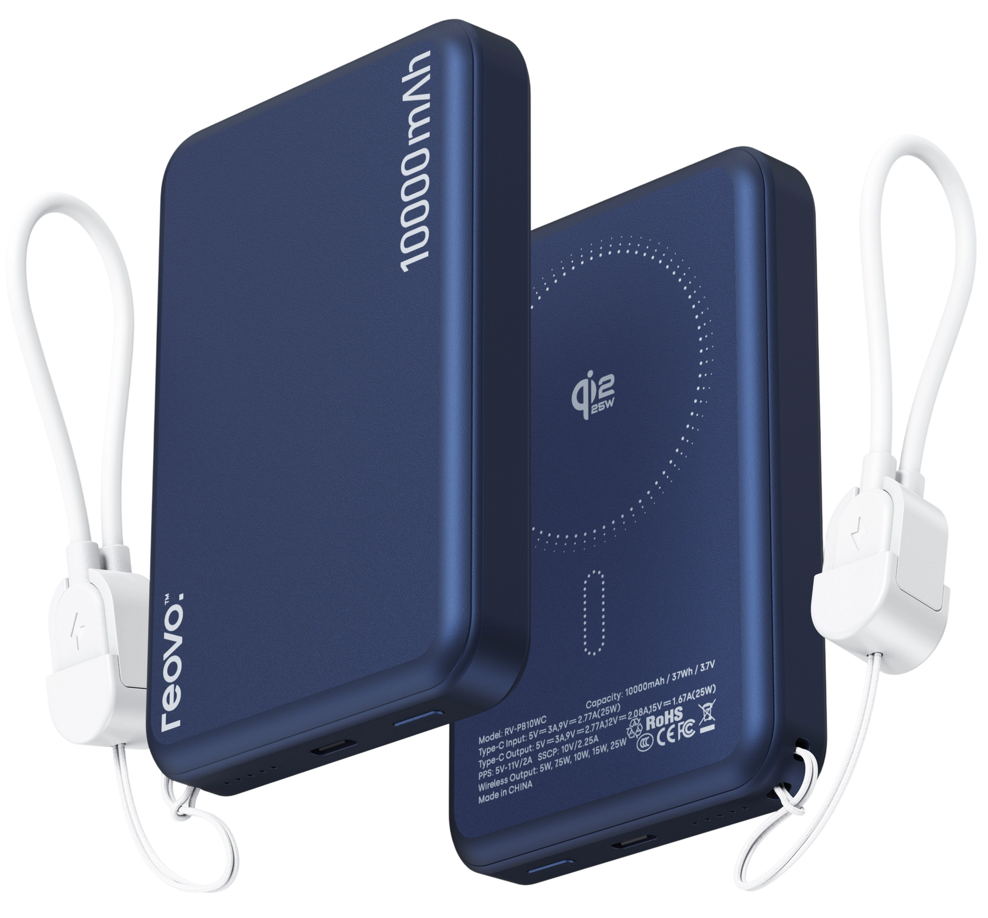 Powerbank 10.000 mAh - 25W draadloos opladen - Q2.2 - Geschikt voor MagSafe - Usb c kabel - Powerbanks - Magnetisch opladen - Snellader - Noodpakket - Draadloos opladen - Met USB-C Poort - Blauw